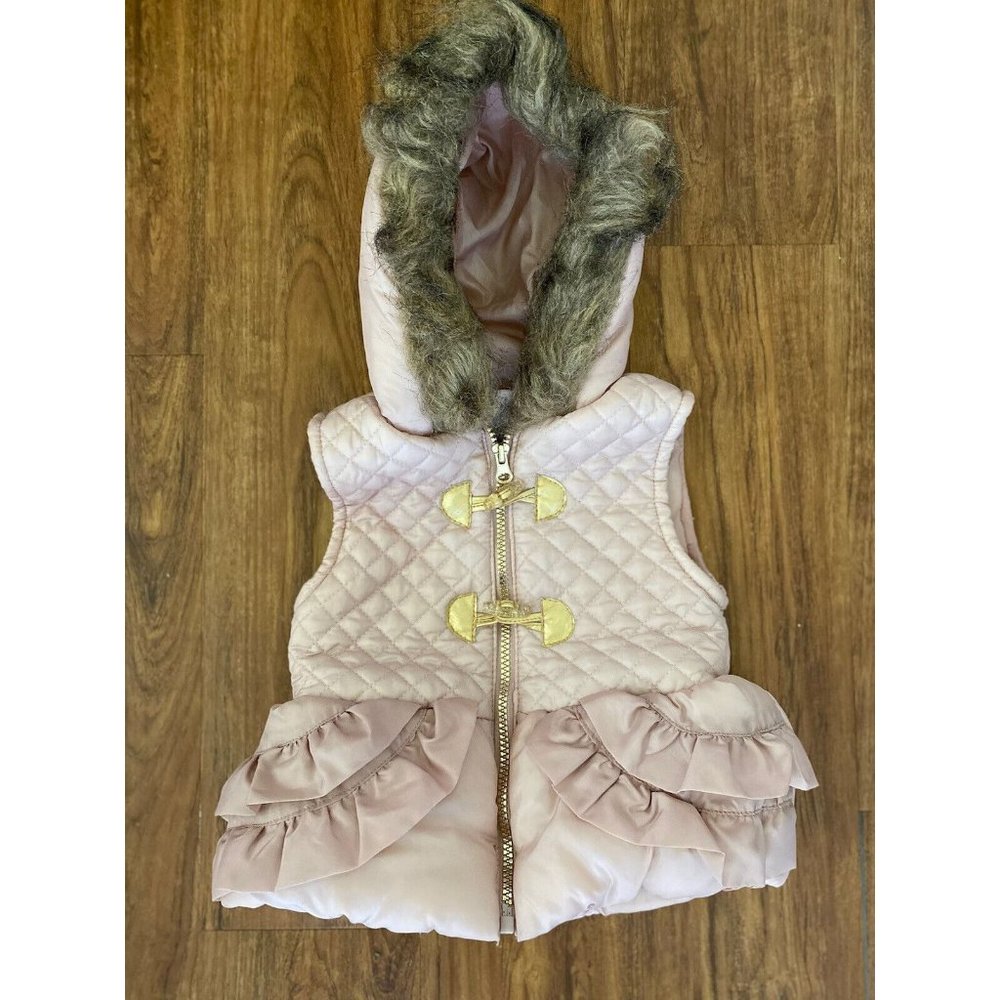 Little Lass Light Pink Puffer Vest Girls 2T Faux Fur Trimmed Hoodie Full Zip EUC